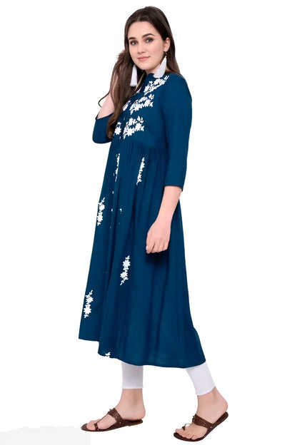 Women Rayon Anarkali Embroidered VioletKurti - Diwali Special