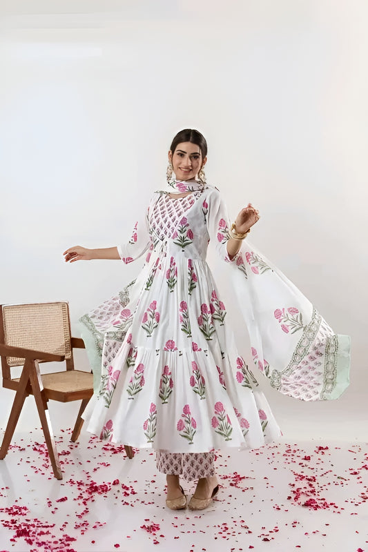 Elegant White & Pink Floral Anarkali Palazzo Set | Diwali special