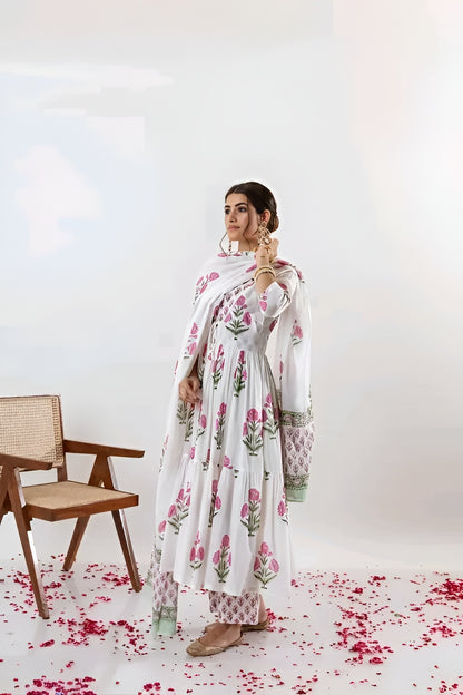 Elegant White & Pink Floral Anarkali Palazzo Set | Diwali special