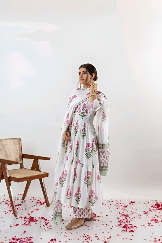 Elegant White & Pink Floral Anarkali Palazzo Set | Diwali special