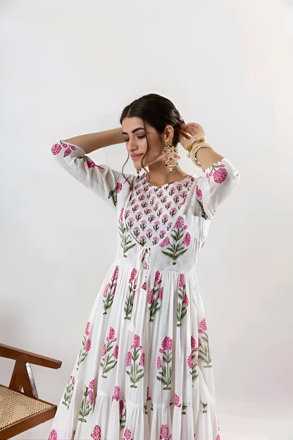 Elegant White & Pink Floral Anarkali Palazzo Set | Diwali special