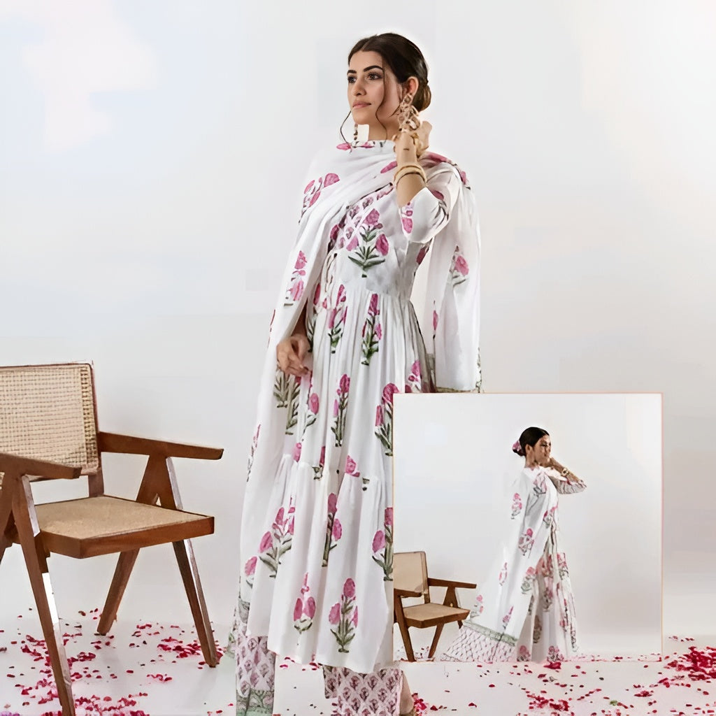 Elegant White & Pink Floral Anarkali Palazzo Set | Diwali special