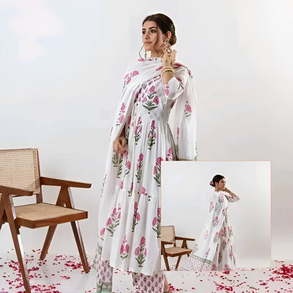 Elegant White & Pink Floral Anarkali Palazzo Set | Diwali special