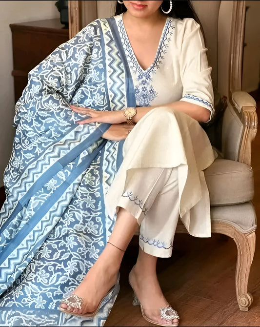 Womens Ethnic Embroidery Top Pant And Dupatta Set – Diwali Special