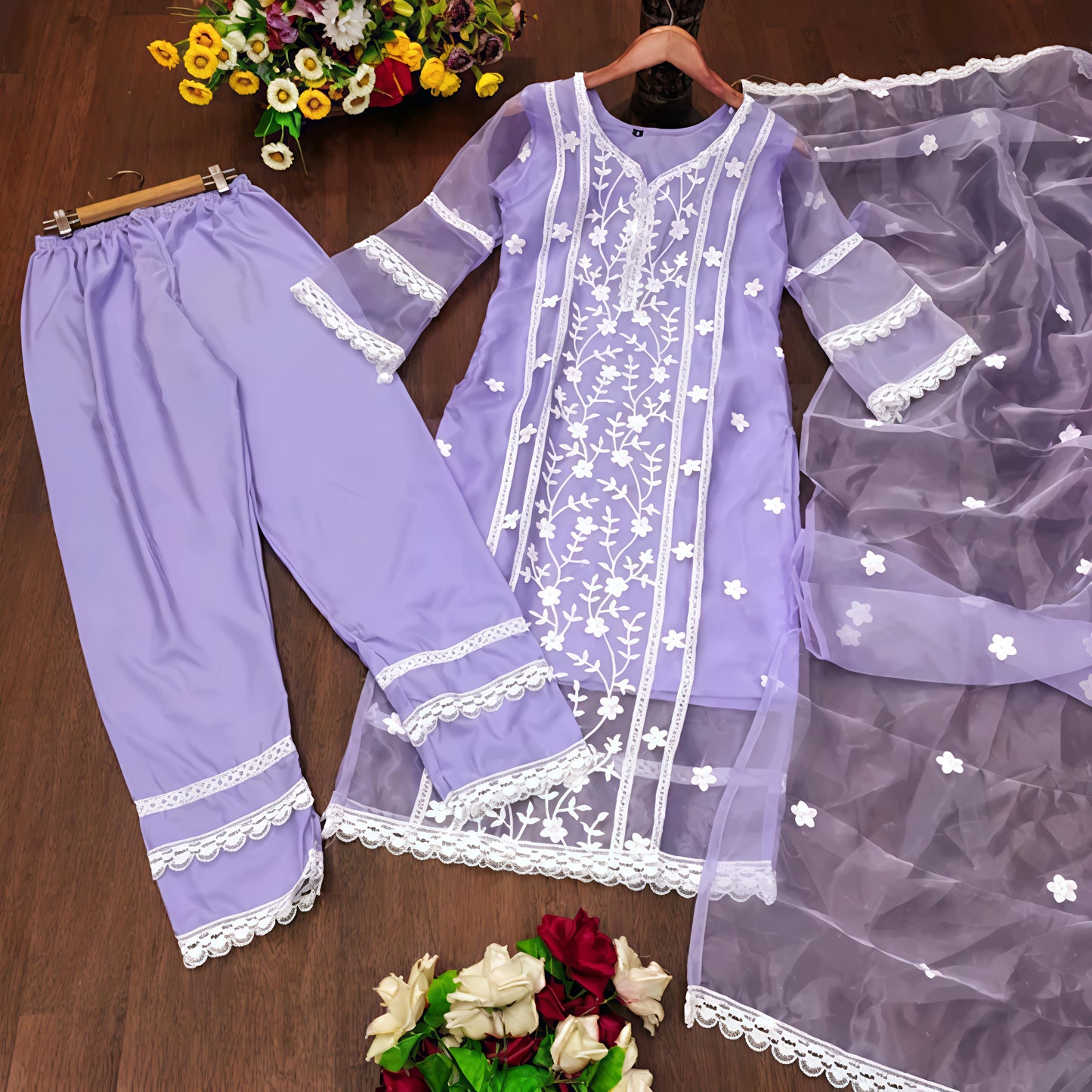 Women's Latest Designer Organza Kurta Pant Set with Dupatta set Kurta Set - Diwali Special