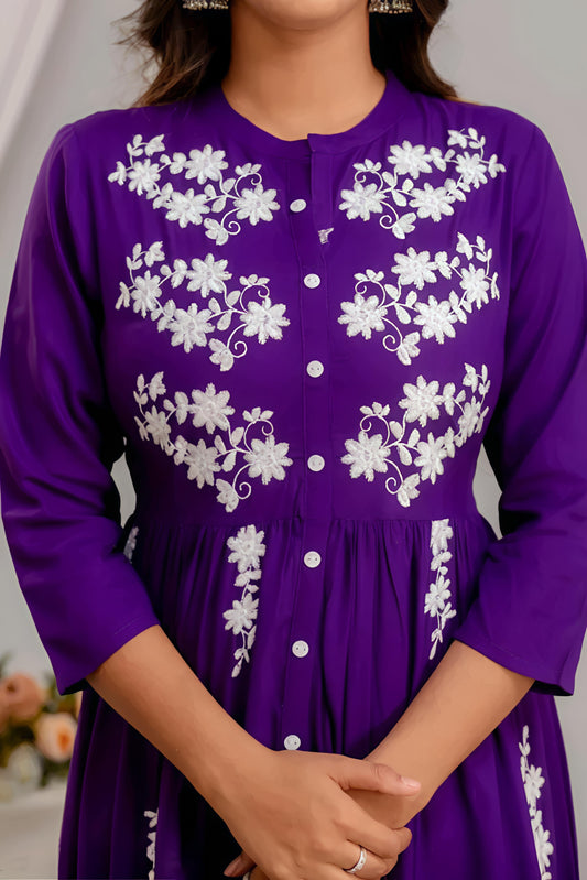 Women Rayon Anarkali Embroidered VioletKurti - Diwali Special