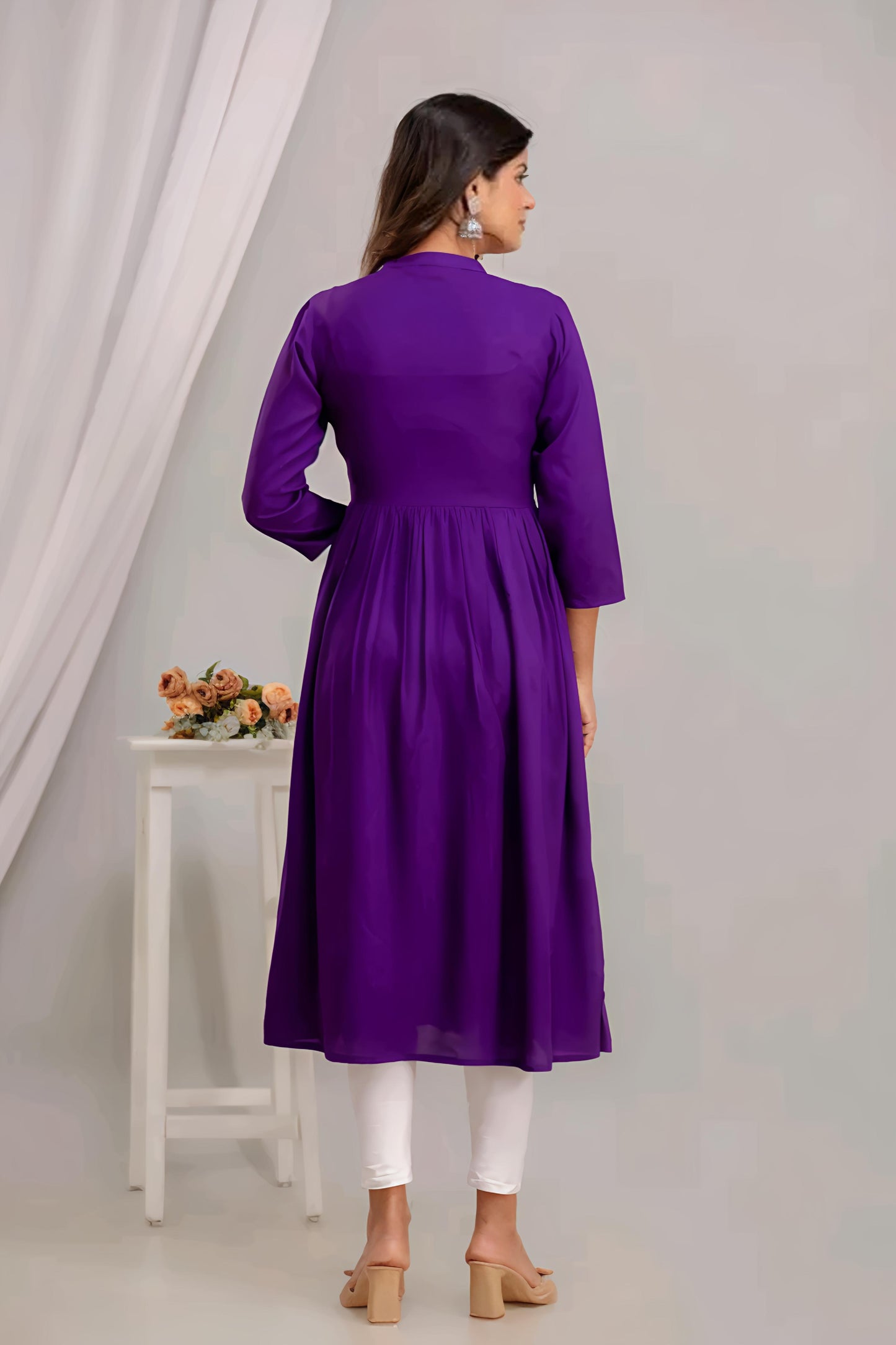 Women Rayon Anarkali Embroidered VioletKurti - Diwali Special
