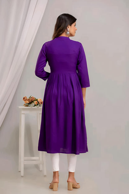 Women Rayon Anarkali Embroidered VioletKurti - Diwali Special