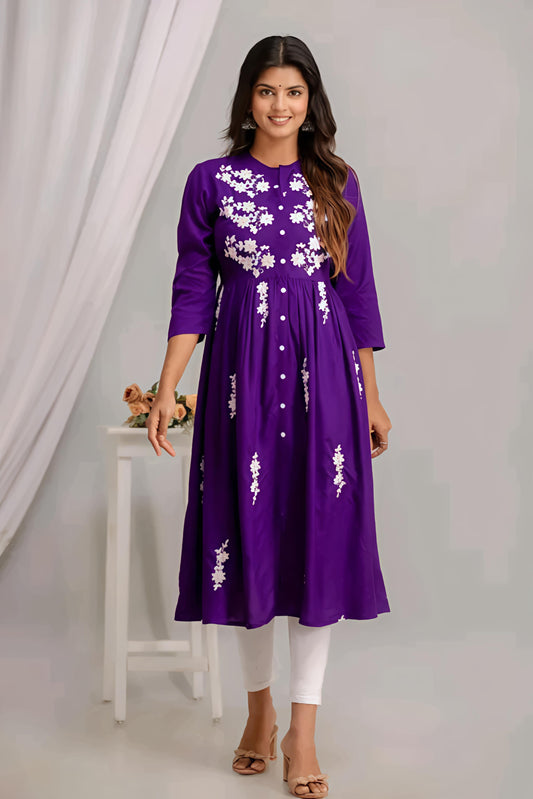 Women Rayon Anarkali Embroidered VioletKurti - Diwali Special
