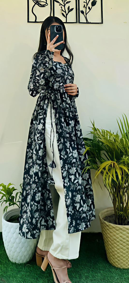 Black Nayra Cut Long Kurti Full Sleeve - Diwali Special