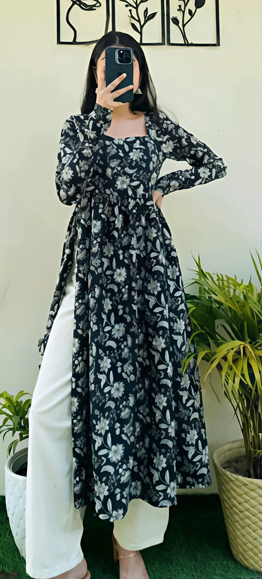 Black Nayra Cut Long Kurti Full Sleeve - Diwali Special